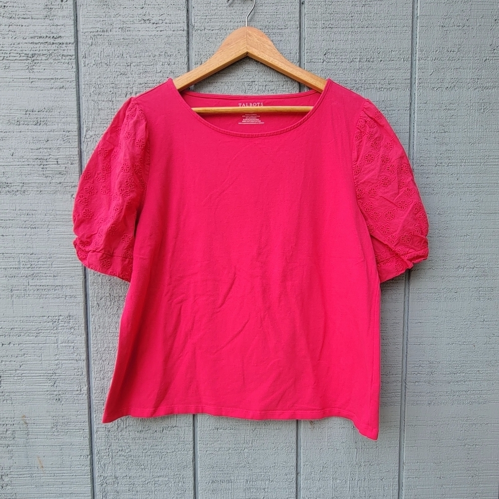 Talbots Eyelet Lace Puff Sleeve T-shirt Blouse sz XLp Hot Pink Coastal Chic
